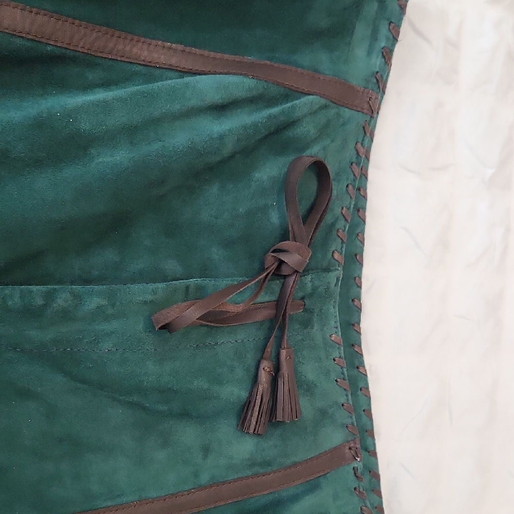 Double D Ranch Green Suede A-Line Skirt with Brown Trim - Picture 5 of 8